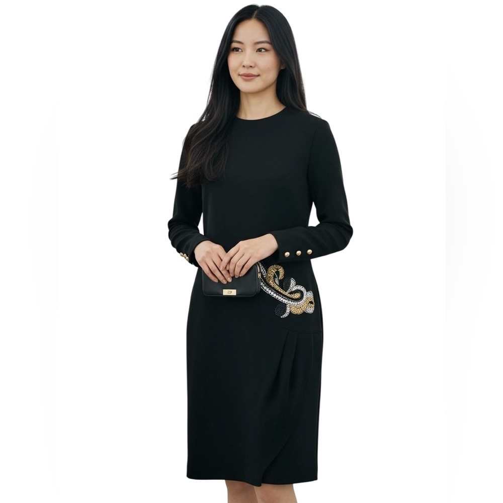 Caron Chicago Vintage Black Long Sleeve Sequin Motif Cocktail Dress Size 12